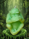 Green candle of an ape with its hands over its ears in a jungle setting