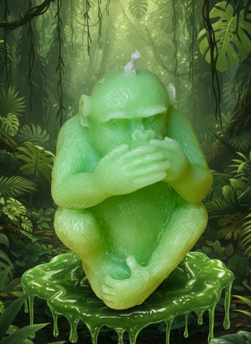 Green candle of an ape with its hands over its ears in a jungle setting
