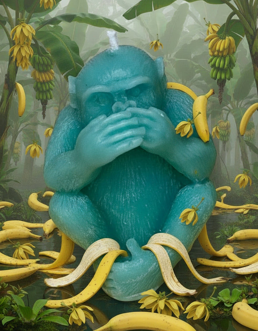 Blue monkey figurine with a banana peel in a jungle setting